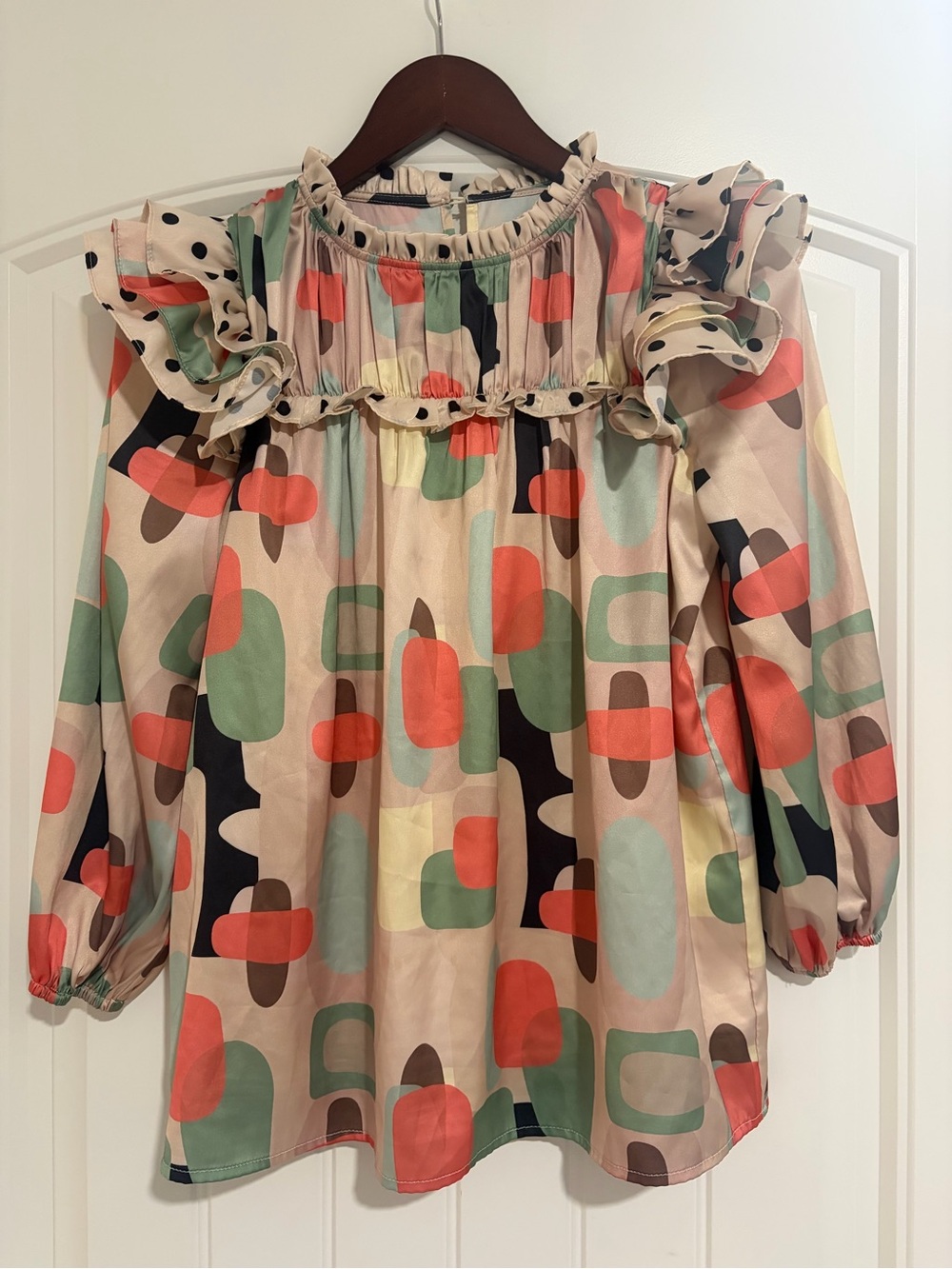 Girls' Geometric Ruffle-Yoke Blouse - Coral & Mint
